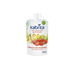 Kabrita banānu, zemeņu un ābolu biezenis ar saldo krējumu no kazas piena bērniem no 6 mēnešu vecuma, 100g